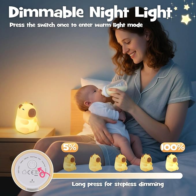 Squishy Christmas Capybara Night Light with RGB Modes Dimmable Nursery Breastfeeding Nightlight Hangable Cute Novelty Animal Lamp Rechargeable Silicone Touch Bedside Lamp for Bedroom Dorm Decor