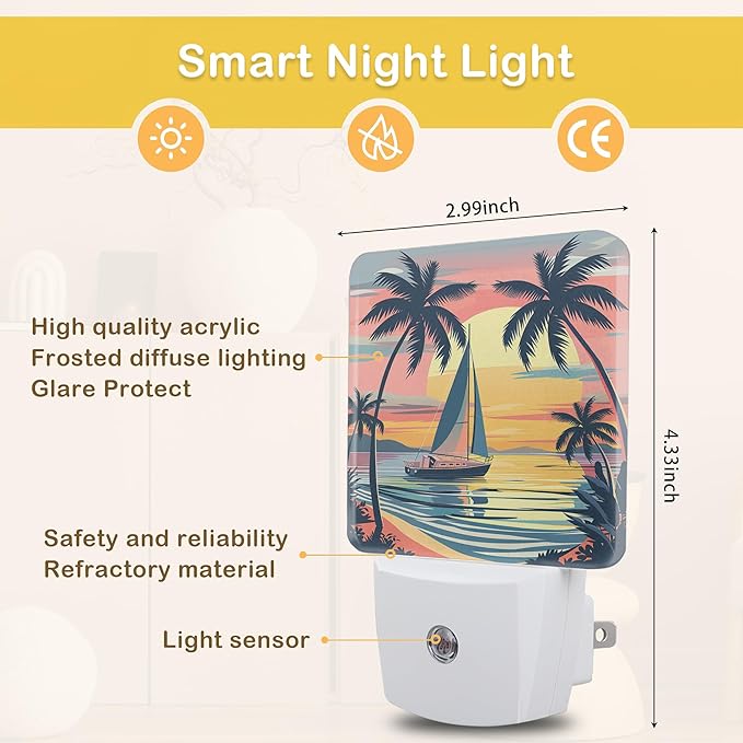 Palm Trees Night Lights Plug into Wall, Sunset Palm Trees Auto Sensor LED Night Lamp for Men Women Boys Girls Holiday Presents Gifts