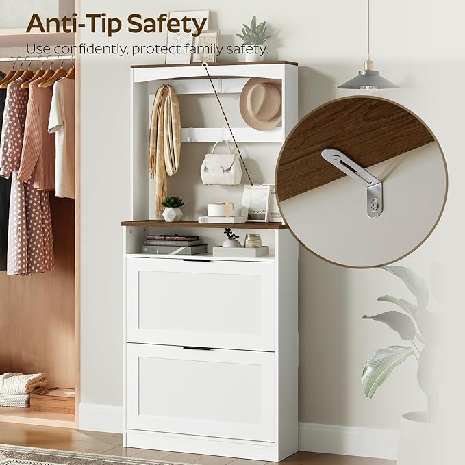 Tall Shoe Cabinet with Flip Drawers and Coat Rack, Floor Standing Modern Shoe Storage Organizer, 2-in-1 Hall Tree with Movable Hooks and Open Shelves, for Entryway, White and Walnut SC01WHY1