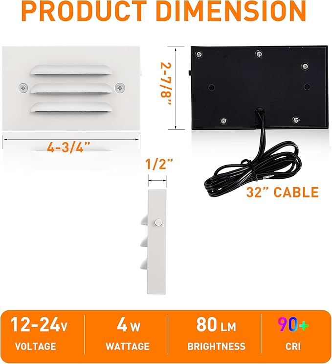 CLOUDY BAY 4 Inch 5CCT 12V 4W Low Voltage LED Step Light with Horizontal Louvered Faceplate for Steps Decks Stairs,Outdoor Stair Lights,Wet Locations,6 Pack,White