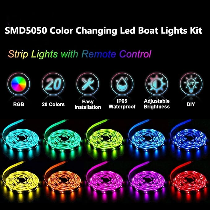 Boat Led Strip Lights, 60FT Marine Pontoon Boat Lights, Waterproof Boats Deck Light, Multi-Color Boats Interior Deck Cabin Light for Pontoon Jon Bass Yacht, Night Fishing Lighting