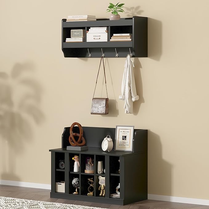 Hall Tree Entryway Coat Rack Shoe Storage Bench with Shelves and 4 Hooks, Modern Elegant Hall Tree with Wall Mounted Coat Rack, Entryway Organizer for Entryways, Mudroom (Black)