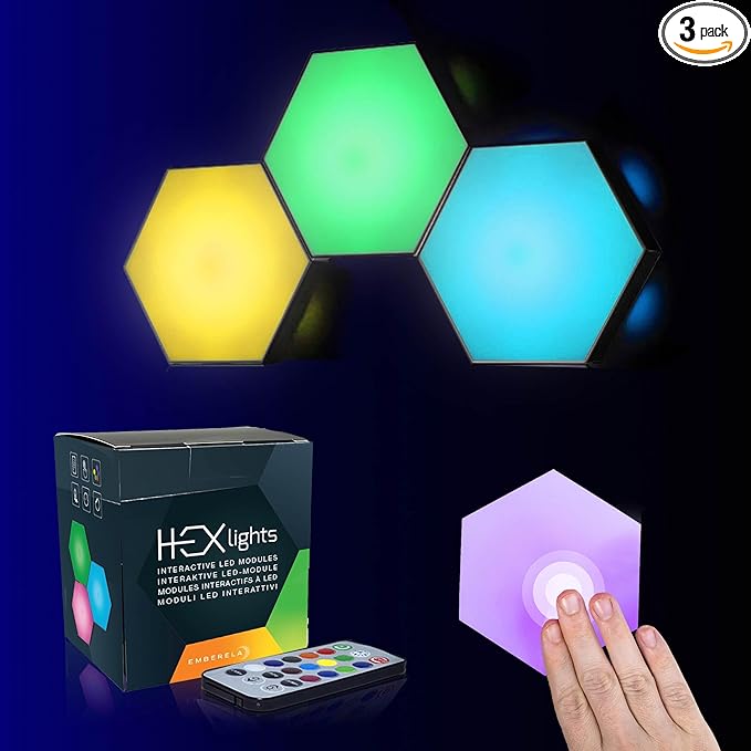 Emberela HEXlights 3-Pack Hexagon Lights, Touch and Remote Controlled RGB Wall Panels - LED Light Panels for Living Room, Bedroom, Game Room Decor - Table Stand Included
