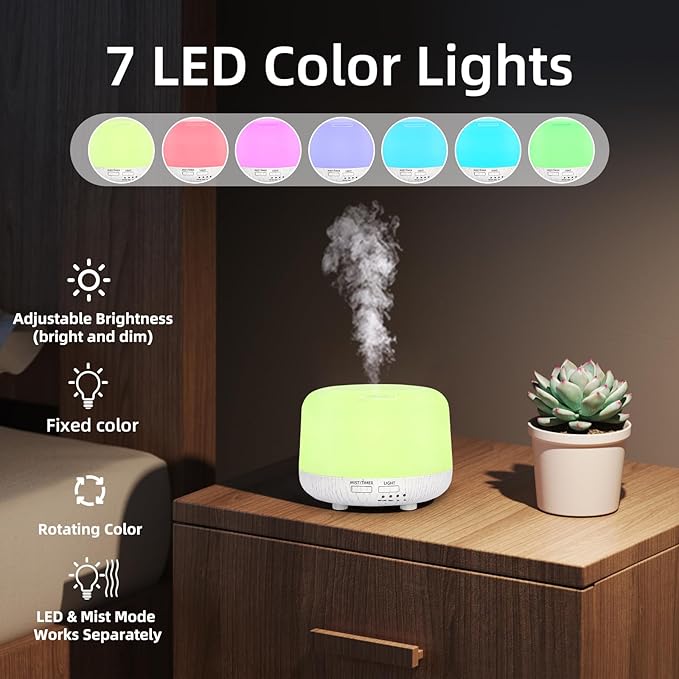 300ML Essential Oil Diffuser, Cool Mist Air Aromatherapy Oil Diffuser with Remote Control, 8 Hour Quiet Home Diffuser, 7 LED Light Colors, Timer,for Small Rooms Bedrooms.