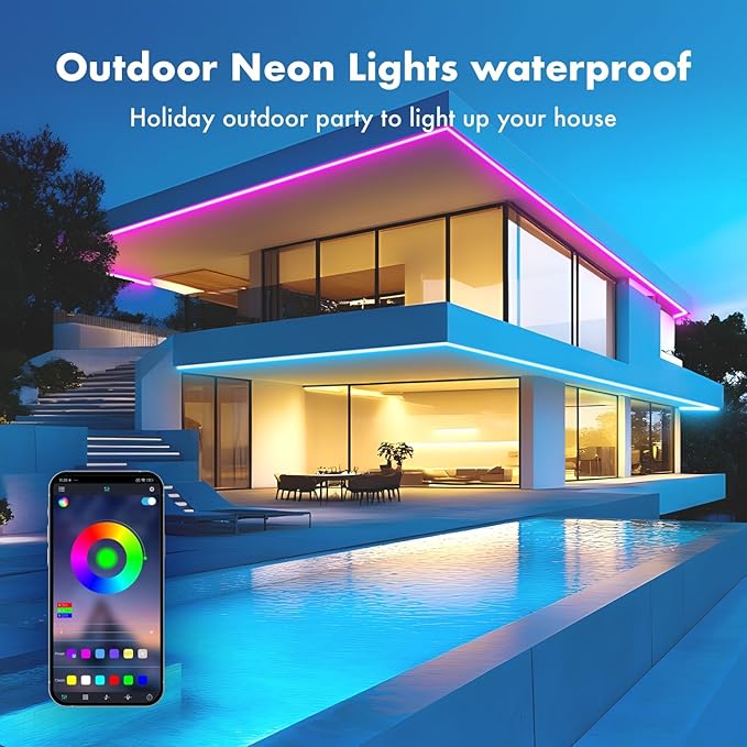 Neon Rope Lights, 100FT RGB LED Strip Lights, Waterproof IP67 LED Lights for Bedroom, DIY Design, Music Sync, 44 Key Remote Control, Multiple Modes for Bedroom, Holiday Decoration