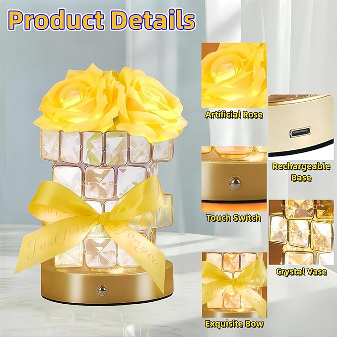 Rose Flower Lamp,Rechargeable Cordless Touch Table Lamp for Bedroom,3-Colour Dimming Flowers Night Light,Crystal Bedside Lamps with USB Charge,Birthday Valentine's Day Gifts for Women,Mom,Wife,Her