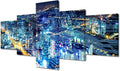 Canvas Wall Art Internet Covered City Posters Modern Smart City Picture 5 Panel Modern Company Decoration Digital Transformation Concept Picture Printing Frame and Stretched Ready to Hang 50x24 Inch
