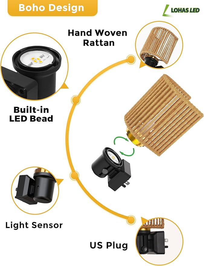 L LOHAS LED Night Lights Plug into Wall, Boho Night Light, 2 Pack, Decorative Bohemian Night Lights, Dimmable 0-100LM, Daylight White, Light Sensor, Vintage NightLight Farmhouse for Bedroom Bathroom