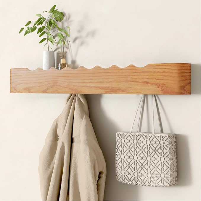 Coat Rack Wall Mount Entryway Organizer Modern Key Holder Wall Mount with Wooden Shelf Entryway Hooks for Bedroom Kitchen Hallway Bathroom for Hanging Coats Hats Dog Leashes Bags Towels