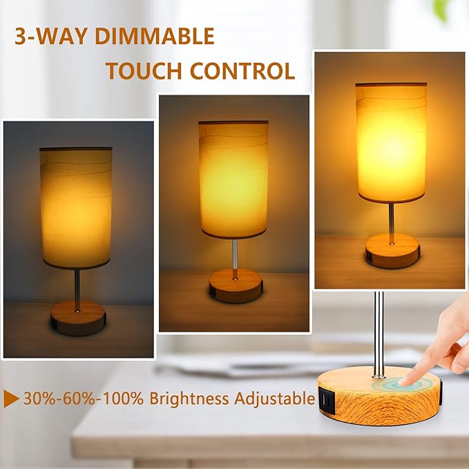 HiBay 2-Set 17.75" Touch Bedside Table Lamps with USB Charging Ports & AC Outlet, Farmhouse Wood-Grain 3-Way Dimmable LED Nightstand Lights with Parchment Shade for Home Office Lighting Decor
