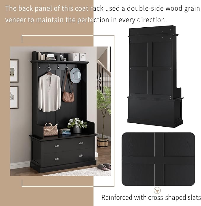 Retro 38.5" Wide Hallway Hall Tree with Coat Rack and 2 Large Drawers,Bench,5 Metal Hooks and Metal Handles,For Entrance Furniture Use Black#c