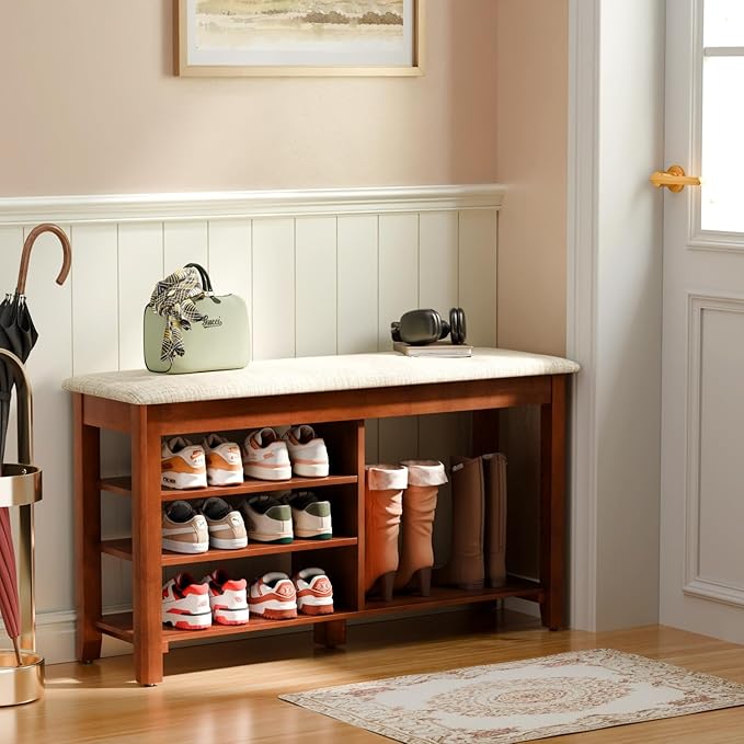 Shoe Rack Bench with Flip-Top Storage, Solid Wood Entryway Bench with Cushion, Adjustable Shelf, Shoe Organizer for Front Door Entrance, Hallway, Living Room, Mudroom (Beige, 39.4" L)