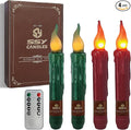 Christmas Red Green Flameless Short Taper Candles, Real Wax Hand Dipped LED Battery Operated with Remote, Flickering Flame Lights for Home Décor, 6.7 Inch Primitive Flameless Candles, 4PCS