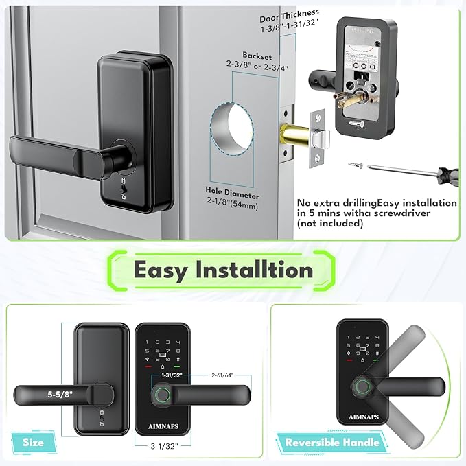 Keyless Entry Door Lock with Handle, Door Locks for Bedroom, Auto Lock, Fingerprint Door Knob with Key, Passcode, Digital Smart Code & Front Handle Sets-Black
