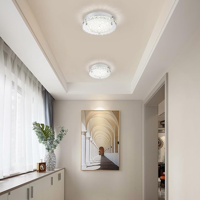 Flush Mount Crystal Ceiling Light Modernn Ceiling Mounted Light Hallway Light Fixtures LED 4000K Round Ceiling Light 8 Inch for Small Space, Bedroom, Foyer, Entryway, Bathoom, Kitchen