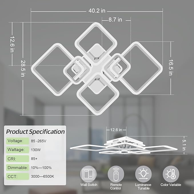 Modern LED Ceiling Lights for Bedroom 40.2'' Dimmable Square 6+1 Rings Ceiling Lights for Living Room with Remote Control 130W for Kitchen,Balcony, Bedroom, Chrome