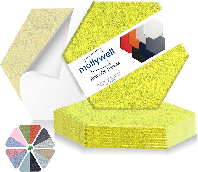Mollywell Hexagon Acoustic Panels 14x12 - Reduce Echo & Reverb, Noise Blocking Wall Tiles for Kids Room & Studio, Lemon Green Sound Absorbing Panels