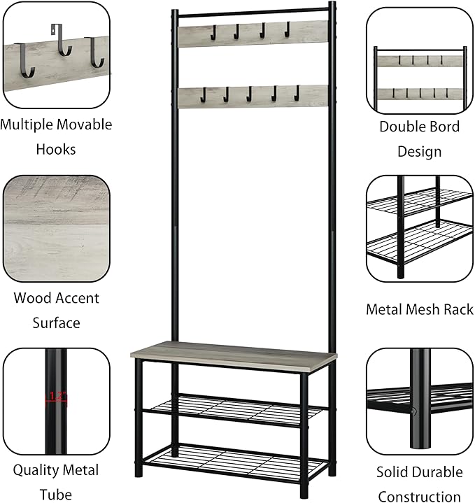 Hall Tree with Bench and Shoe Storage, 3-in-1 Coat Rack, Freestanding Wooden Coat Rack with Shoe Bench with Metal Frame, 3-Tier Storage Shelf and 9 Removable Hooks, Greige