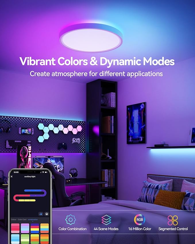 12 Inch Smart Ceiling Light, RGB+IC LED Flush Mount Light Fixture, 2400LM Dimmable, APP & Remote Control, 2700K-6500K DIY Color Ceiling Light for Bedroom Living Room, Works with Alexa & Google Home