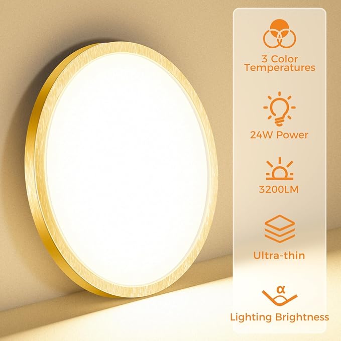slochi LED Flush Mount Ceiling Light Fixture, 3000K-4000K-6500K & 100W Equivalent Modern Kitchen Recessed Ceiling Lamp 24W 3200Lm 12 Inch Closet Round Surface for Bathroom Laundry-Gold