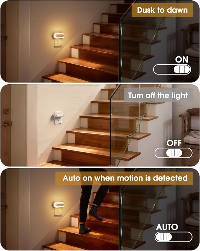 Plug-in LED Night Light with Motion Sensor & Dusk to Dawn Sensor, Dimmable Warm White Nightlight 30-100LM Adjustable Sleep Night Lights Plug Into Wall for Bedroom, Bathroom, Stairs, Hallway, 2 Pack