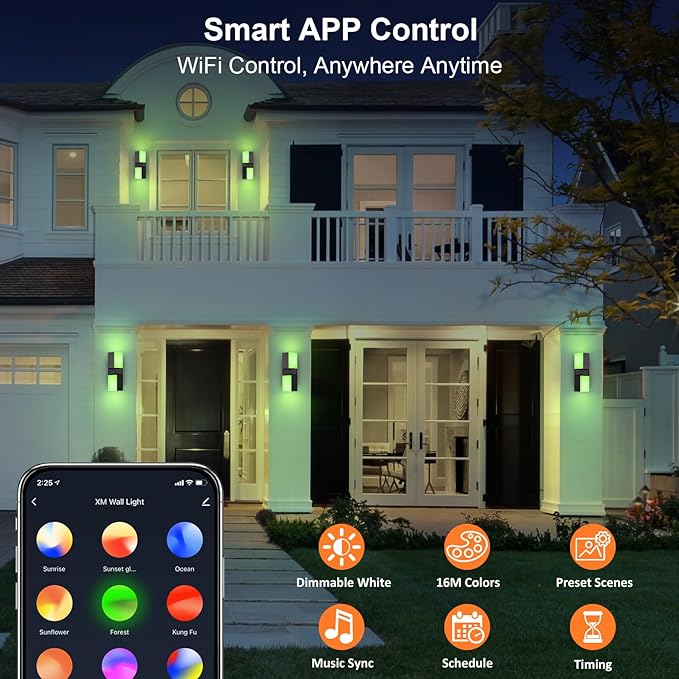 XMCOSY+ Outdoor Wall Lights, 1400LM Smart RGBCW Exterior Lighting Fixtures Adjustable Dual-Head Outdoor Light Fixture, WiFi APP Control, Alexa Compatible, Waterproof Porch Lights Outdoor, 2 Pack