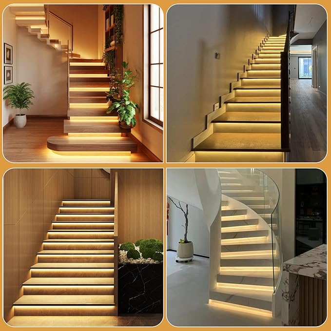 Intelligent Motion Triggered LED Stair Lighting Kit Daylight Sensor PIR Sensor Control Staircase Light One Main Line Design 16 Stairs 40in COB LED Strip Light for Indoor Stair (Warm White-2700K)