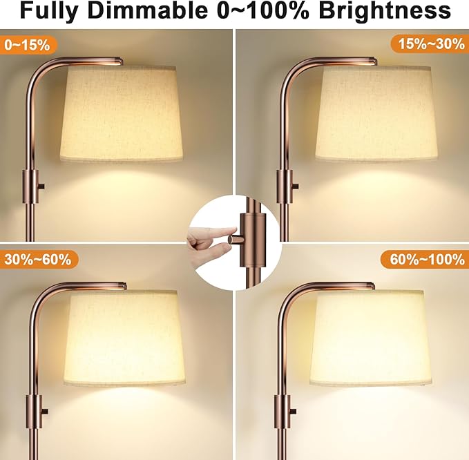 Ambimall 𝐅𝐮𝐥𝐥𝐲 𝐃𝐢𝐦𝐦𝐚𝐛𝐥𝐞 Floor Lamp - Floor Lamps with 9W 𝐋𝐄𝐃 Bulb, Standing Lamps for Living Room with Adjust Head, Modern Standing Tall Light Rotary Switch for Office(Brown and Beige)