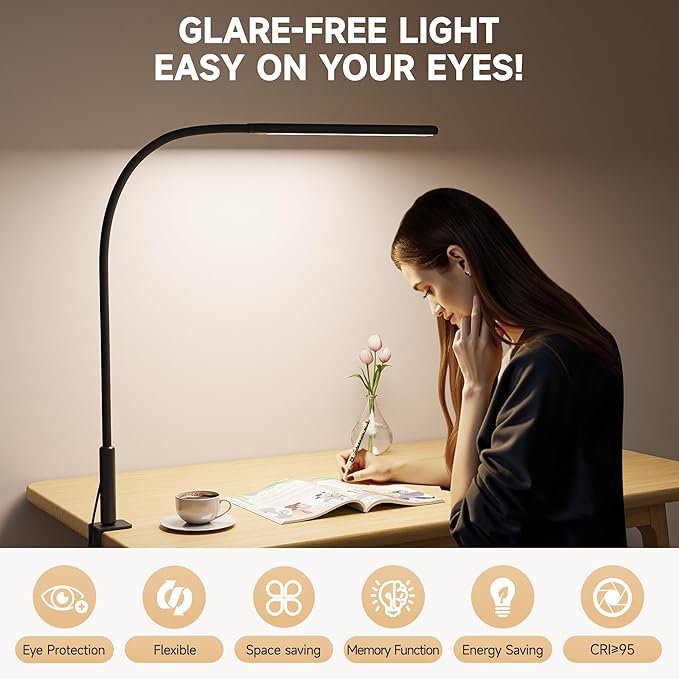 LED Desk Lamp with Clamp, Eye Caring Clip Light for Home Office, 3 Colors Stepless Dimming, Flexible Gooseneck Table Lamp with USB Adapter for Nail Reading Working Workbench Drawing Gaming (Black Pro)