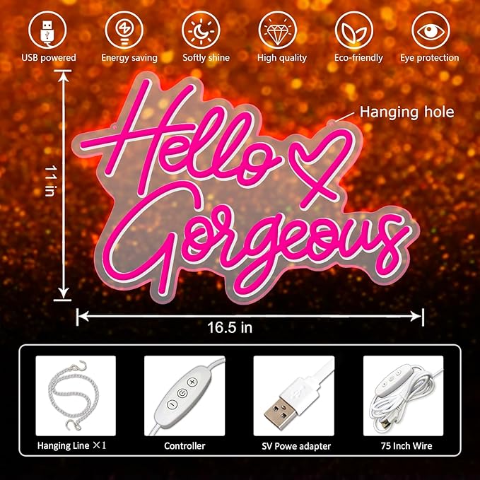 Hello Gorgeous Neon Sign Pink LED Neon Lights for Home Wedding Birthday Backdrop Bacelorette Party Wth Dimmable Switch(5V, 16.5"*11")