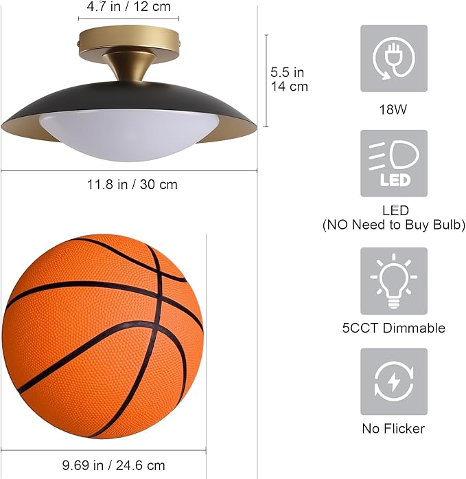 2 Pack Dimmable Mid Century Modern Ceiling Light, Black and Gold LED Semi Flush Mount Ceiling Light, 11.8in 5CCT Hallway Light Fxitures with Acrylic Shade for Kitchen Bedroom Entryway Laundry Room
