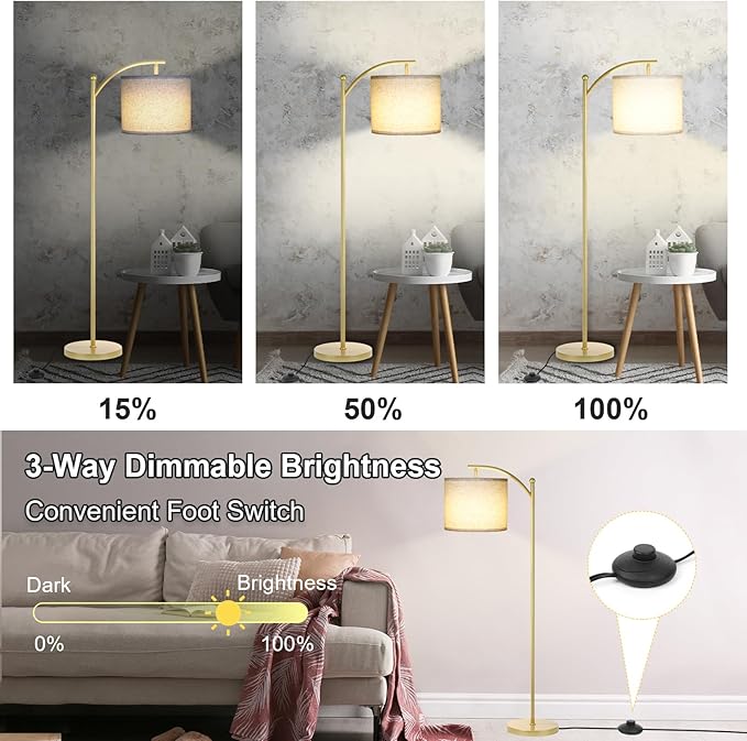 Floor Lamp for Living Room, Dimmable Floor Lamp with Foot-Step Switch Standing Lamp with Linen Shade Reading Lamp for Living Room Bedroom Office Dining Room, 9W Bulb Included (Gold)
