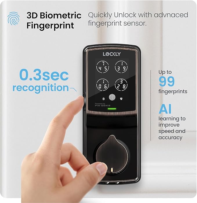 Lockly Secure Pro Wi-Fi Smart Door Lock, Keyless Entry with PIN Genie® Digital Keypad, 3D Biometric Fingerprint Sensor Front Door Lock Deadbolt, Voice Control & Auto Lock - Left Fingerprint Edition