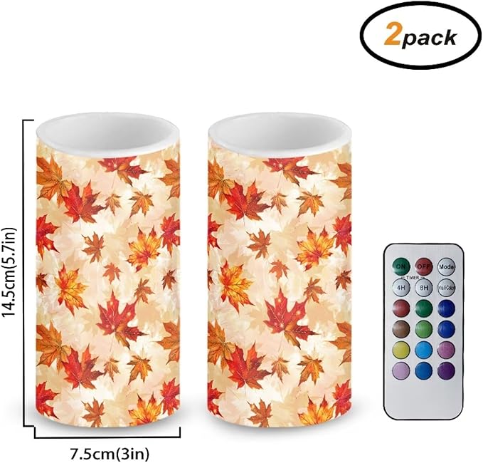 Maple Leaf Decorative Fall Candles for Home Decor Flameless Candles with Remote and Timer LED Candles Flickering Battery Operated Fake Candle for Thanksgiving Holiday Party Room Table Decor