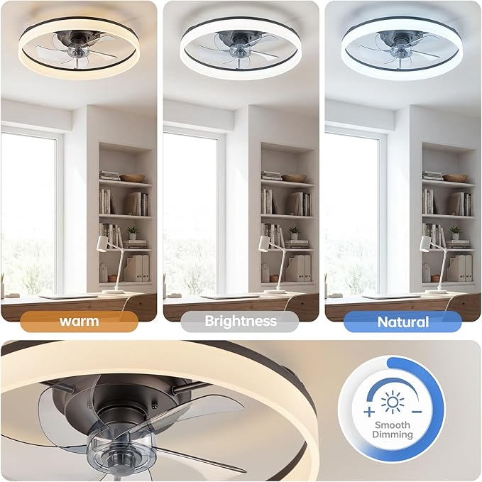 20'' Ceiling Fan with Light,Low Profile Flush Ceiling Fan, 6 Speeds, Dimmable LED, Remote Control, Quiet DC Motor, Bladeless Flush Mount Fixtures for Bedroom, Living Room,DM104-H Black