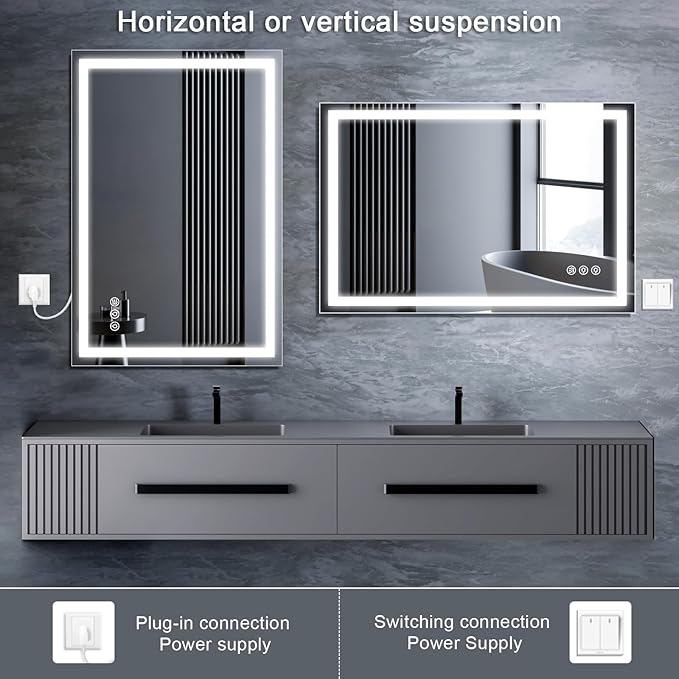 Led Bathroom Mirror with Light 24"x36" Frameless Lighted Vanity Mirror Wall Mount, Fogless, 3 Color Mode, Stepless Dimmable Front Light and Backlit, Smart Touch Sensor, Tempered Glass