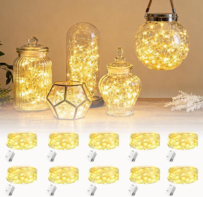 Lemical 10 Pack Fairy Lights Battery Operated 9.8FT 30 LED Twinkle Lights 3 Modes Waterproof Bulk Mini Copper Wire Firefly String Light for Christmas Mason Jars DIY Wedding Table Decor(Warm White)