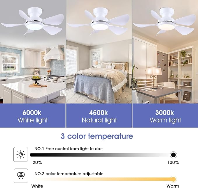 32 Inch Modern Ceiling Fans with Lights, Small Flush Mount Ceiling Fan with Light and Remote/APP Control, 5 Reversible 6 Speeds Curved Blades, 3 CCT Dimmable Lights for Kids Room, White