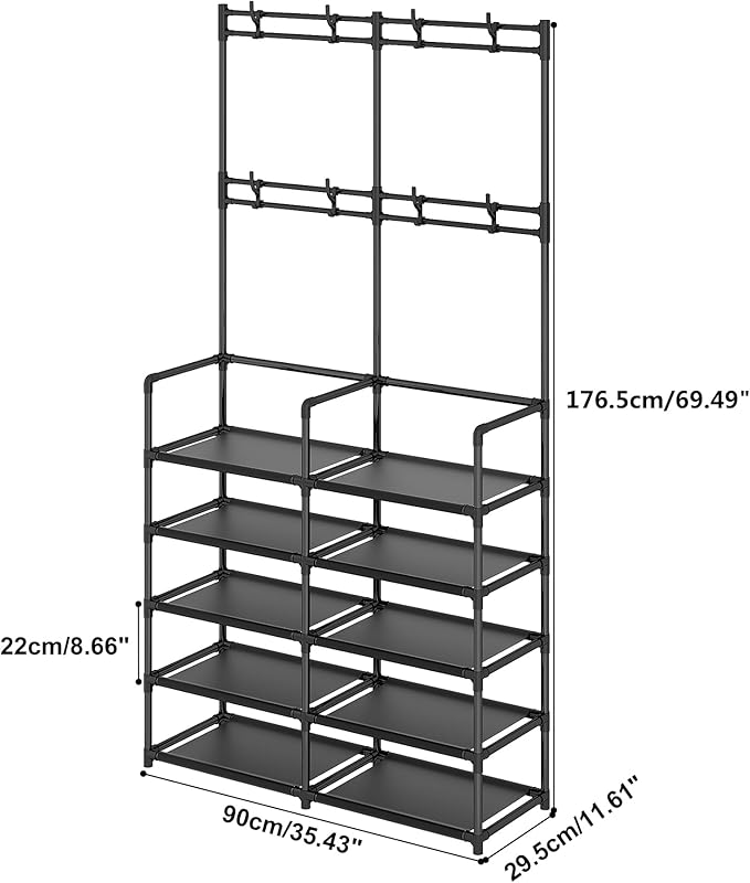 UDEAR 5-Tier Coat and Shoe Rack, Entryway Coat Rack with 8 Hooks, Double Row Shoes Organizer for Living Room, Bedroom, Office, Black