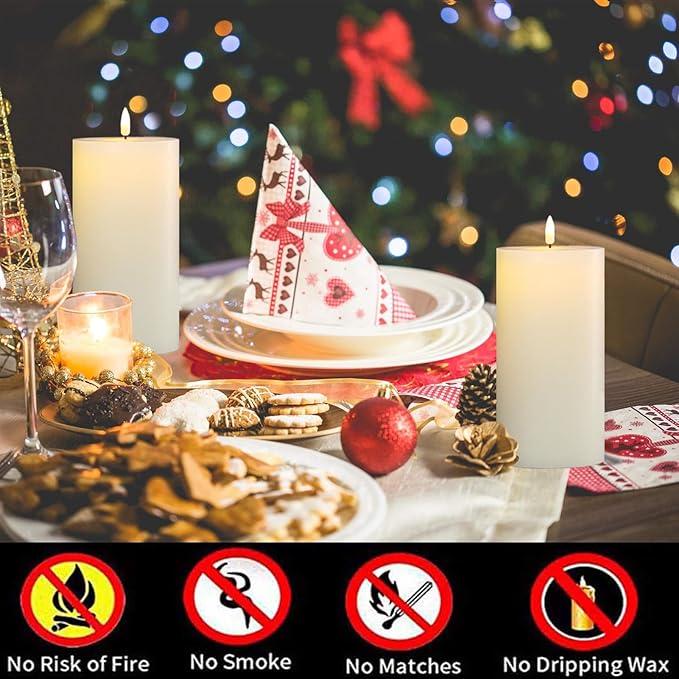 Flameless Candles Set of 2 (3x6 inch) Flickering LED Wax Candles Battery Operated with Remote Control Timers for Night Light/Fireplace/Party Dimmable Ivory Pillar Candles Flat top