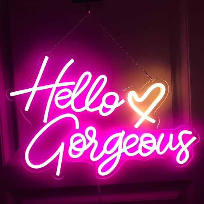 Hello Gorgeous Neon sign Pink LED Neon letters Heart decorative wall lights Girl Room Wedding anniversary Engagement birthday Party decoration with USB power supply (5V,16.5X11inches)