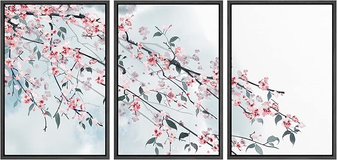 wall26 - 3 Panel Framed Canvas Wall Art - Ink Painting Style Pink Cherry Blossom on The Branch - Giclee Print Gallery Wrap Modern Home Art Ready to Hang - 24"x36"x3 Black