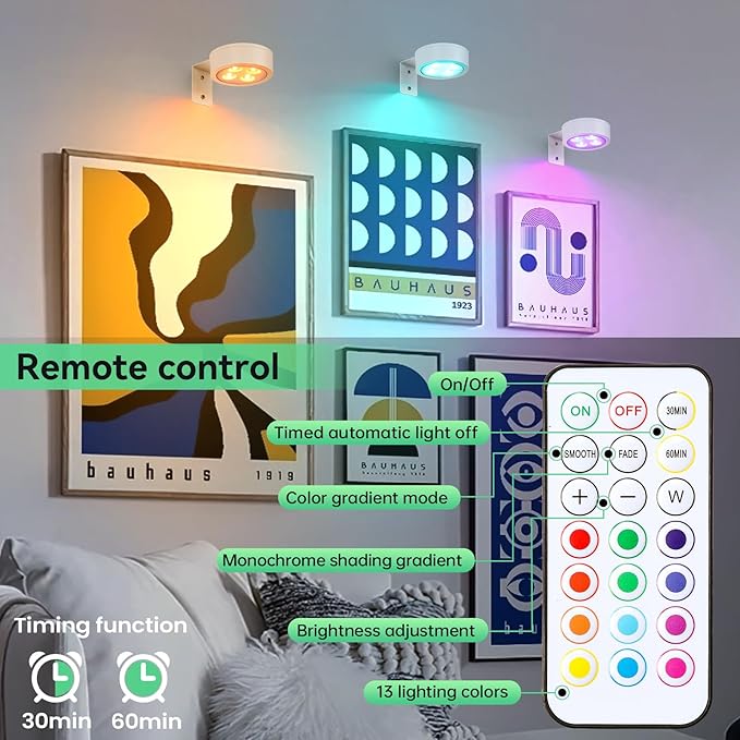 4-Pack Picture Light Battery Operated with Remote,13 Color Dimmable and Timer Painting Light, Art Display Light for Picture Frame Artworking Portrait, Home Wall Decor White Magnetic wall lights