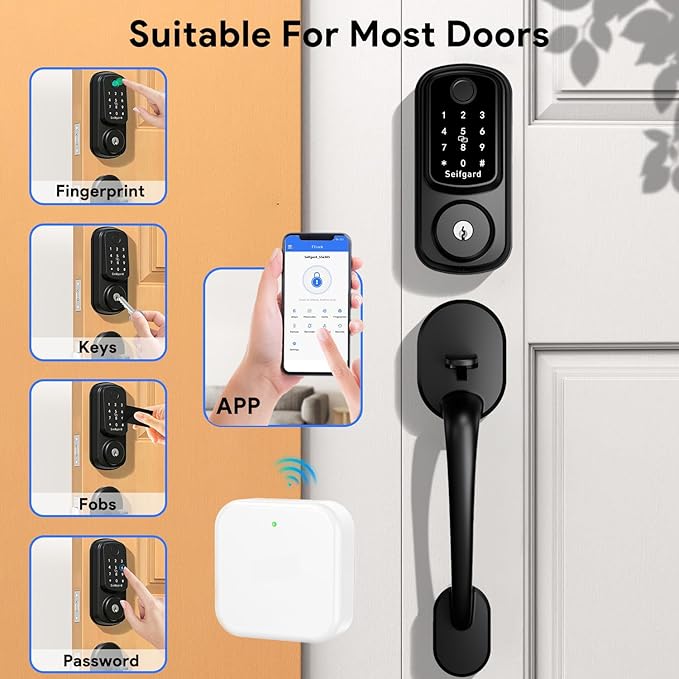 Keyless Entry Door Lock Deadbolt with Handle Set, Smart Door Lock with WiFi Gateway, Auto Lock Compatible with Alexa, Black
