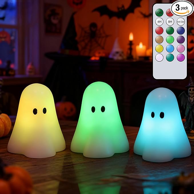 Eldnacele Ghost Flamless Flickering Candles with 18-key Remote and Timer, 12 Color Changing Battery Operated Spooky Candles Real Wax Small Ghost Lights LED Candle Fireplace Halloween Indoor Decor Gift