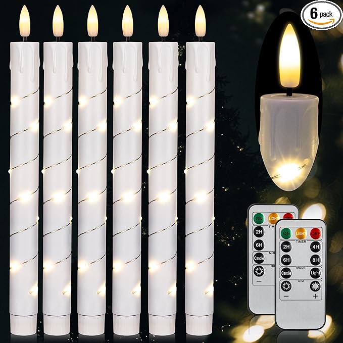 Flameless Taper Candles with Remote for Wedding Decorations，3D Flickering Flame Battery Operated LED Plastic Candles Arounded with Starlight String, Romantic Home Decoration, Pack of 6, White