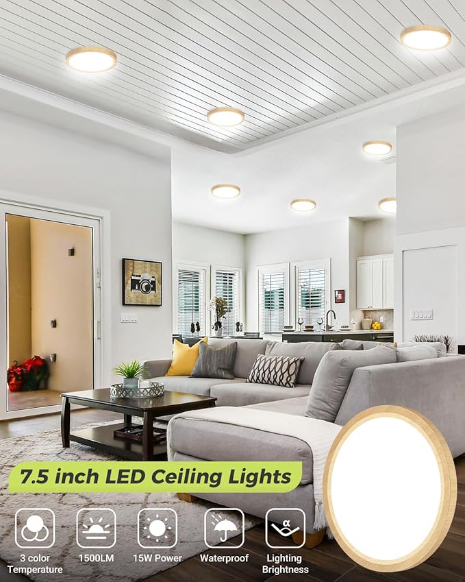Flush Mount Ceiling Light Fixtures - 3000K-4000K-6500K & 100W Equivalent Flat Led Lights for Room Ceiling,7.5Inch Ultra Thin Round White Ceiling Lights for Bedroom,Kitchen,Bathroom,Hallway (Wood