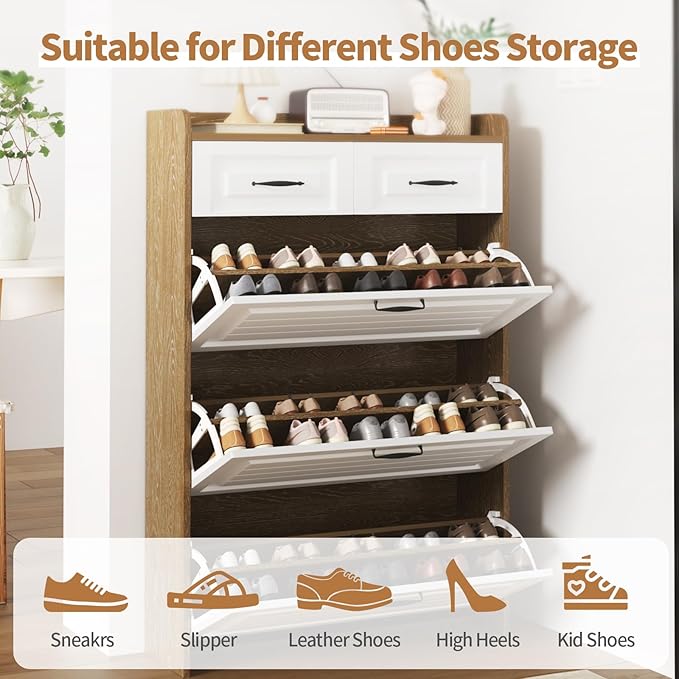 Narrow Shoe Cabinet with 2 Slide Drawers & 3 Flip Drawers, Modern Freestanding Shoes Rack Storage Organizer with Open Top for Entryway, Hallway, Bedroom, Mudroom (Brown)
