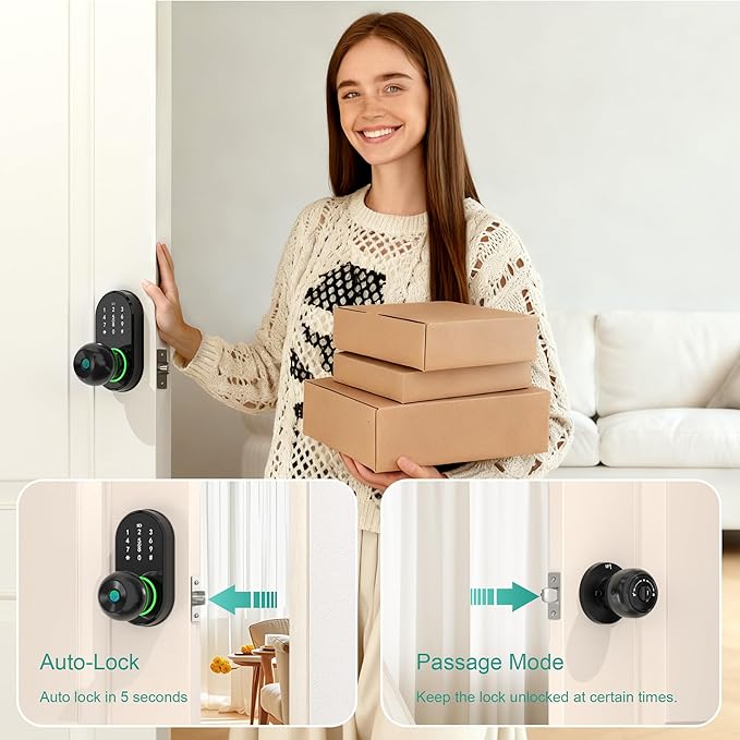 Smart Door Lock Keyless Entry Door Lock with Knob, Keypad Fingerprint Door Lock with Handle, Electronic Digital Code for Front Door, App Remote Control, Easy Installation