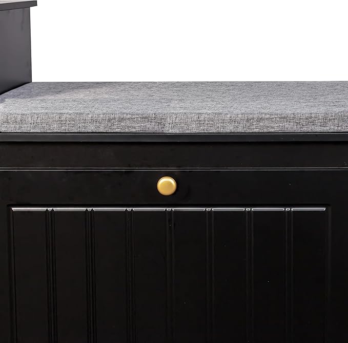 Shoe Storage Bench, Modern Wooden Shoe Cabinet with Flip Drawer and Adjustable Shelf, Entry Way Bench with Padded Seat Cushion for Entryway, Hallway, Living Room,Black
